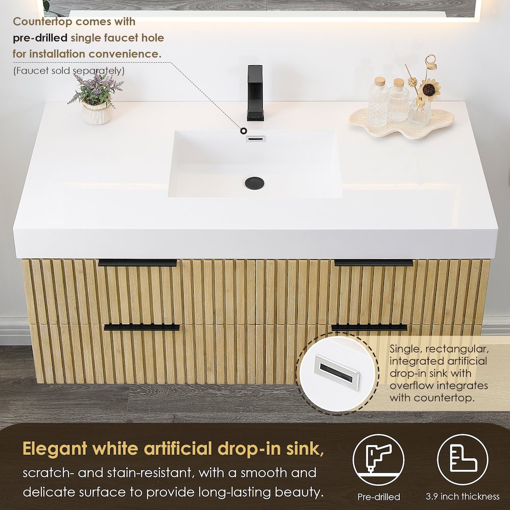 Single Bathroom Vanity in Nature Brown White Artificial Drop-in Sink. Picture 6
