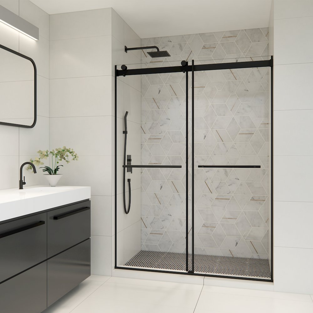 Frameless Exposed Roller Shower Door in Matte Black with Clear Glass. Picture 4