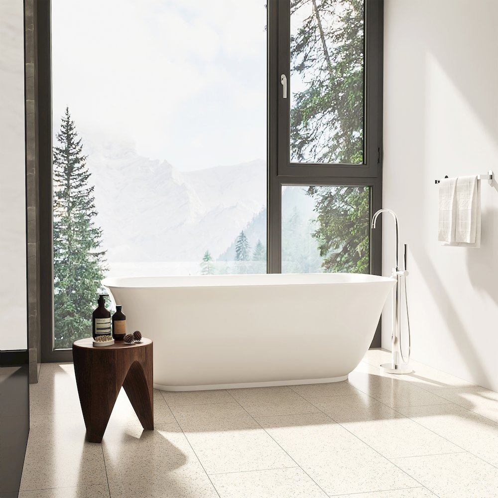 59" x 32" Flatbottom Freestanding Acrylic Soaking Bathtub in Glossy White. Picture 5