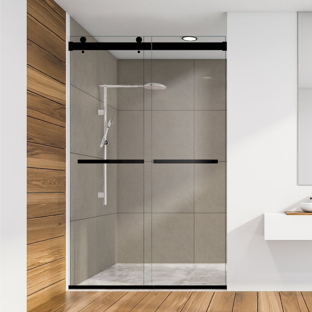 By Pass Frameless Shower Door in Matte Black with Clear Glass. Picture 7