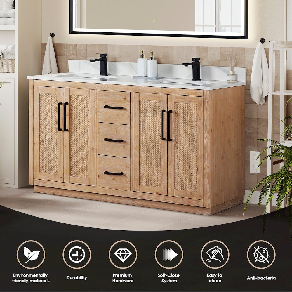 60" Double Bathroom Vanity with Calacatta White Quartz Countertop without Mirror. Picture 5