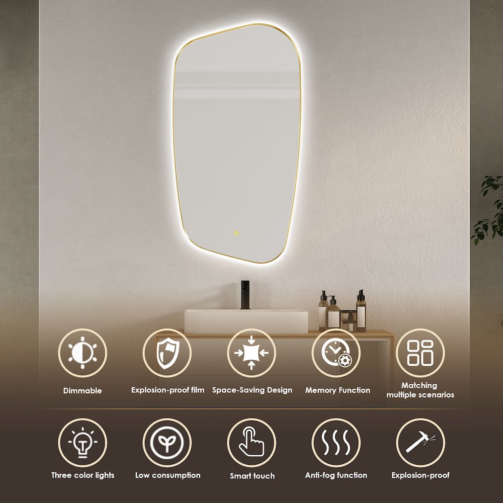 26"x48" Anti-Fog Wall Mirror in Brushed Gold Aluminum Framed. Picture 4