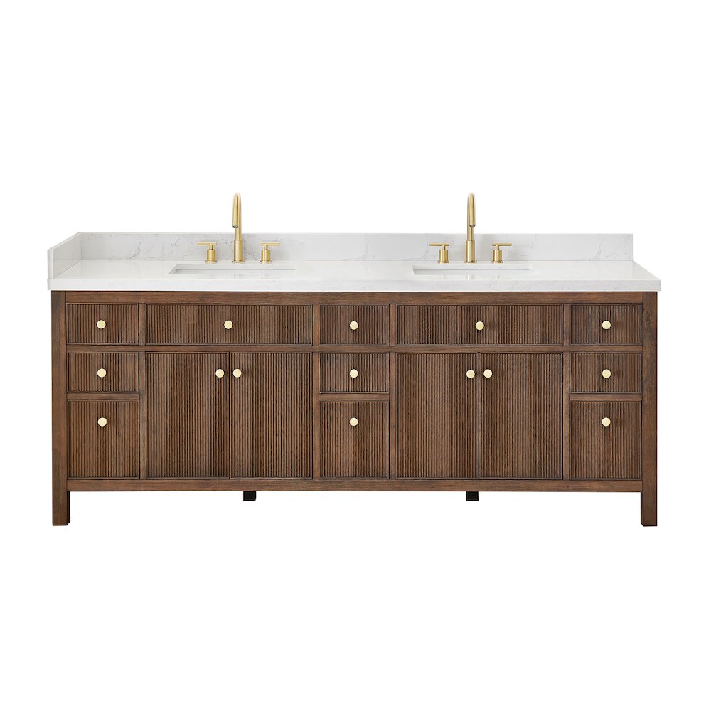 Double Bathroom Vanity in Brown Oak Grain White Engineered Stone Countertop. Picture 1
