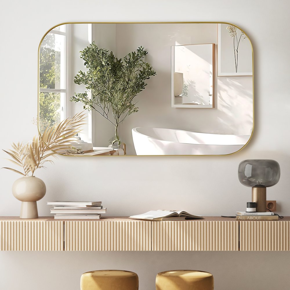 48x30" Rectangular Aluminum Framed in Brushed Gold Modern Bathroom Wall Mirror. Picture 6