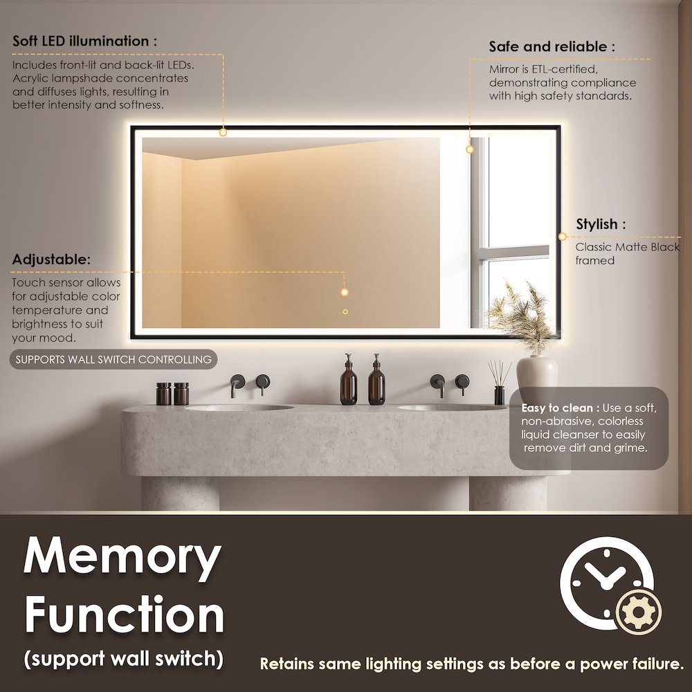 72"x36" Rectangular Wall Mirror in Matte Black Aluminum Framed. Picture 12