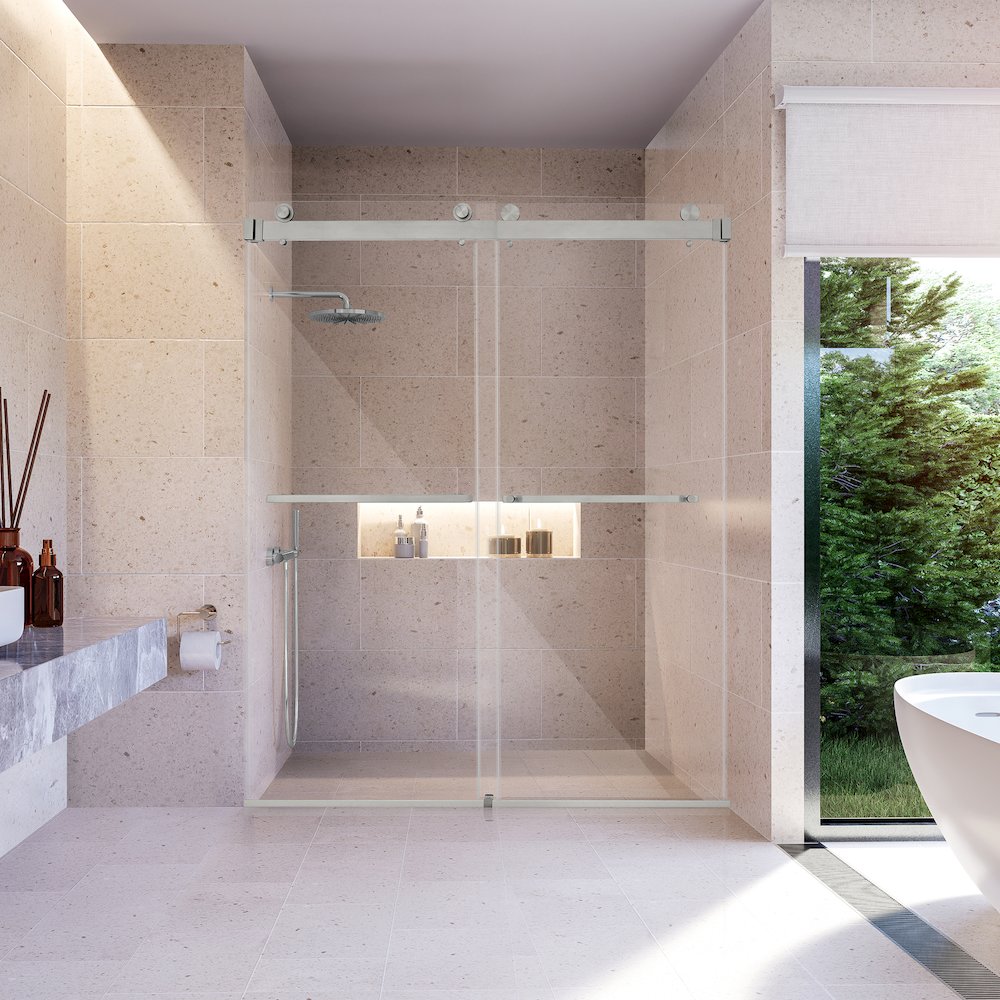 Frameless Exposed Roller Shower Door in Brushed Nickel with Clear Glass. Picture 5