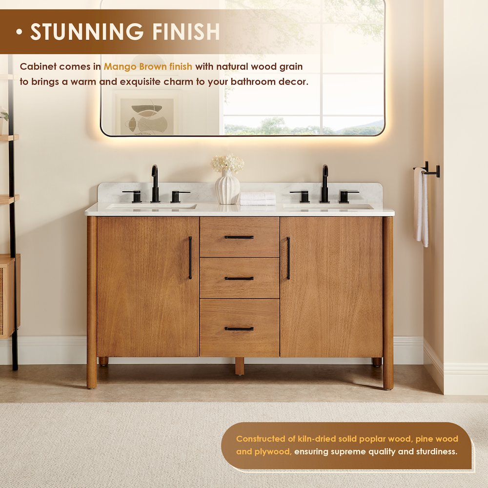 60" Double Bathroom Vanity in Mango Brown with Grain White. Picture 5