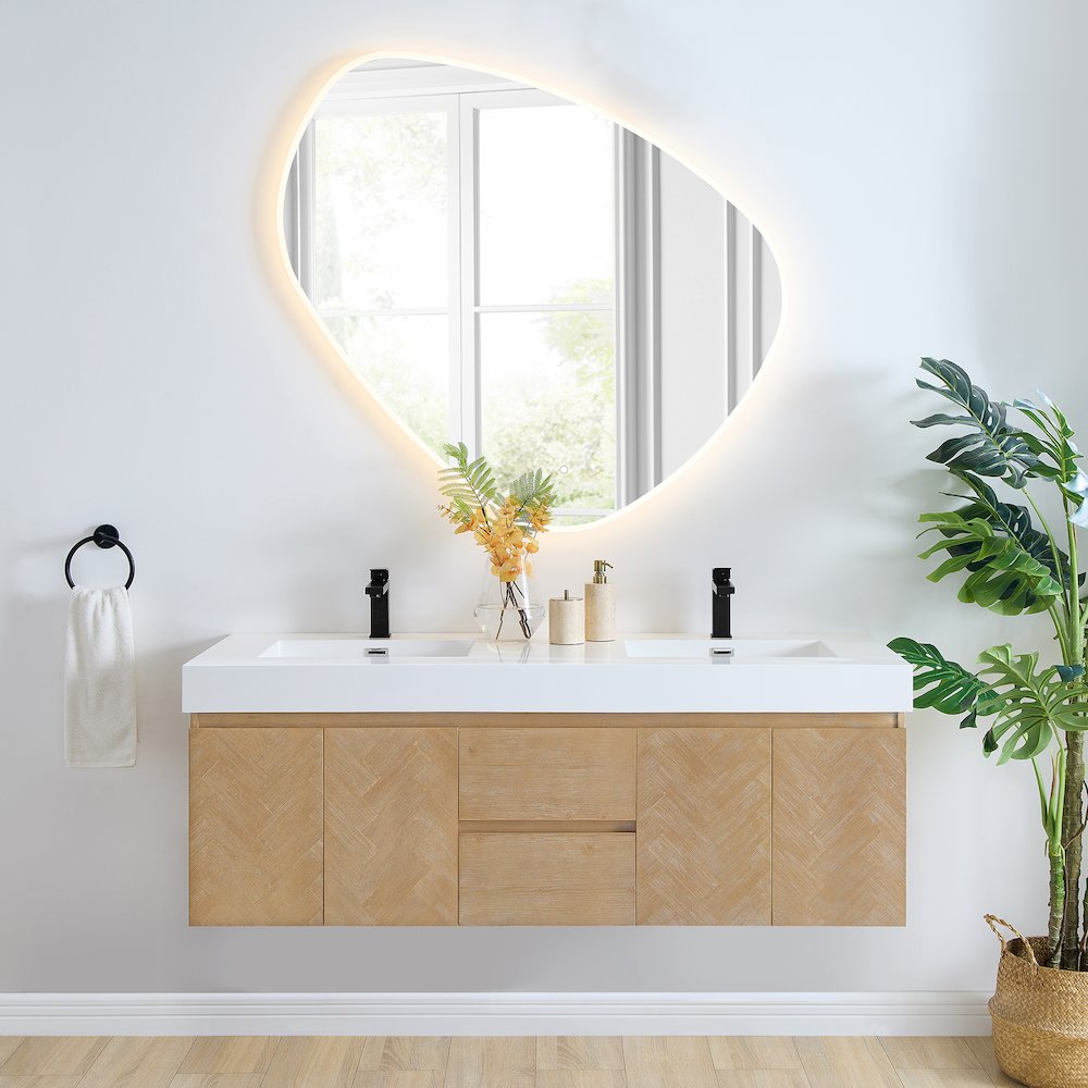Double Bathroom Vanity in Light Brown White Artificial Drop-in Sink. Picture 2