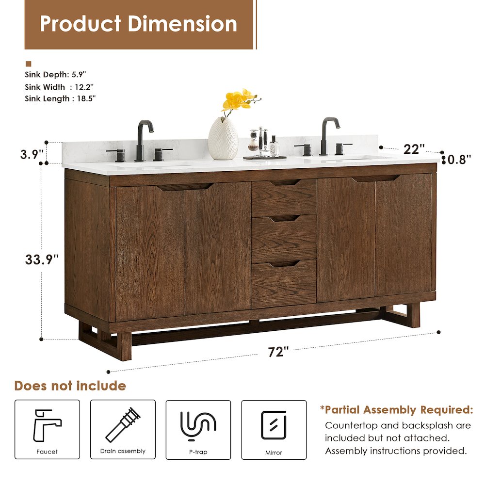 72" Double Bathroom Vanity in Brown Brushed Oak with Grain White. Picture 11