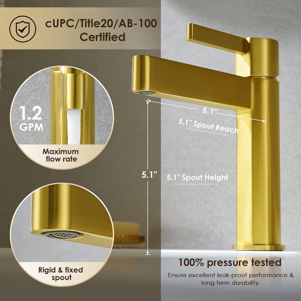 Single Hole Single-Handle Bathroom Faucet in Brushed Gold. Picture 10