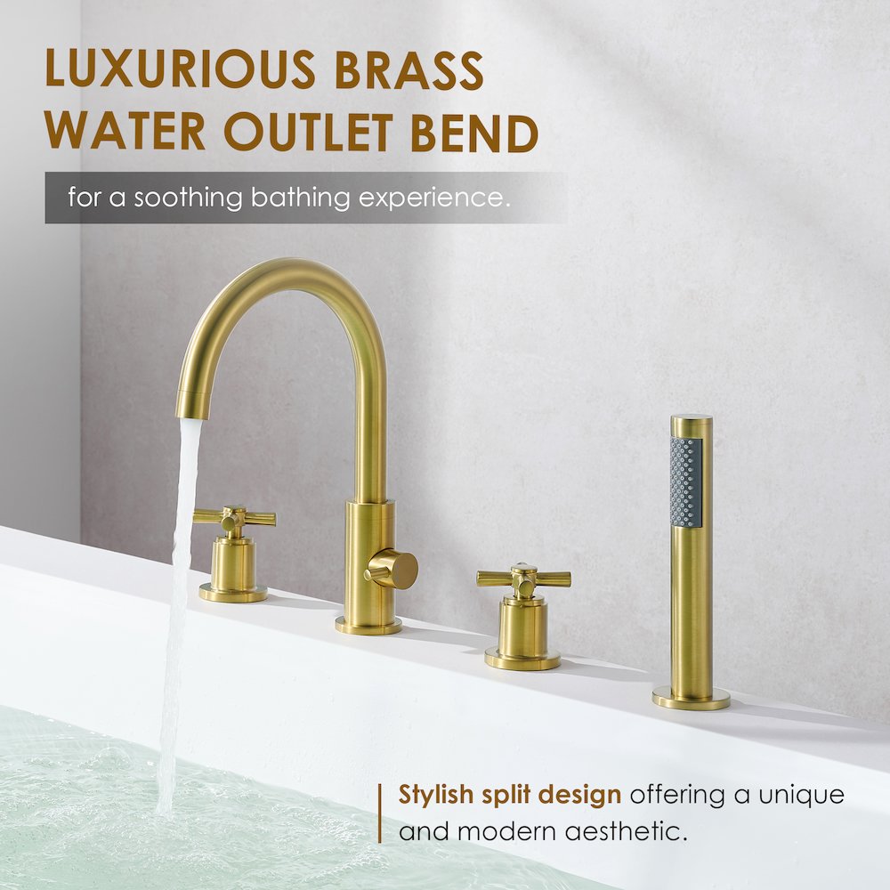 Cross Handles Deck-Mount Roman Tub Faucet in Brushed Gold with Handshower. Picture 8