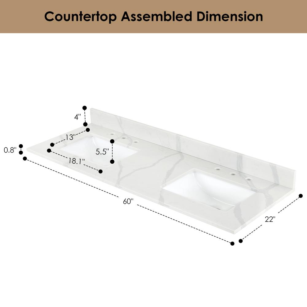 Arbios 60. in Quartz Stone Vanity Top in Calacatta White with White Sink. Picture 7
