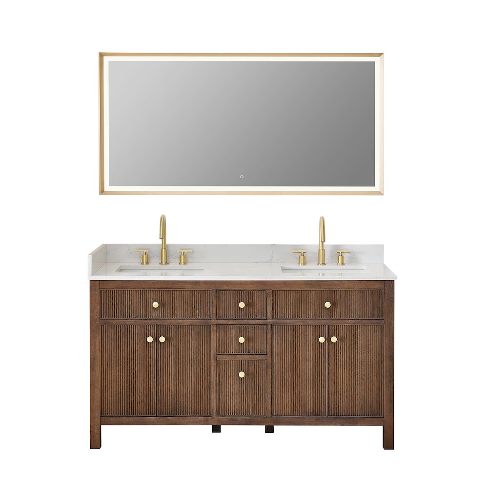 Double Bathroom Vanity in Brown Oak Grain White Engineered Stone Countertop. Picture 1