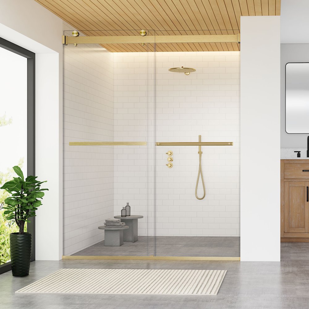 By Pass Frameless Shower Door in Brushed Gold with Clear Glass. Picture 3