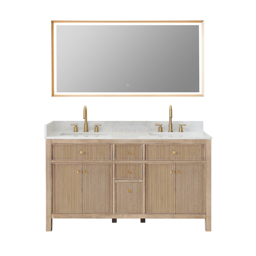 Double Bathroom Vanity in Nature Oak Grain White Engineered Stone Countertop. Picture 1