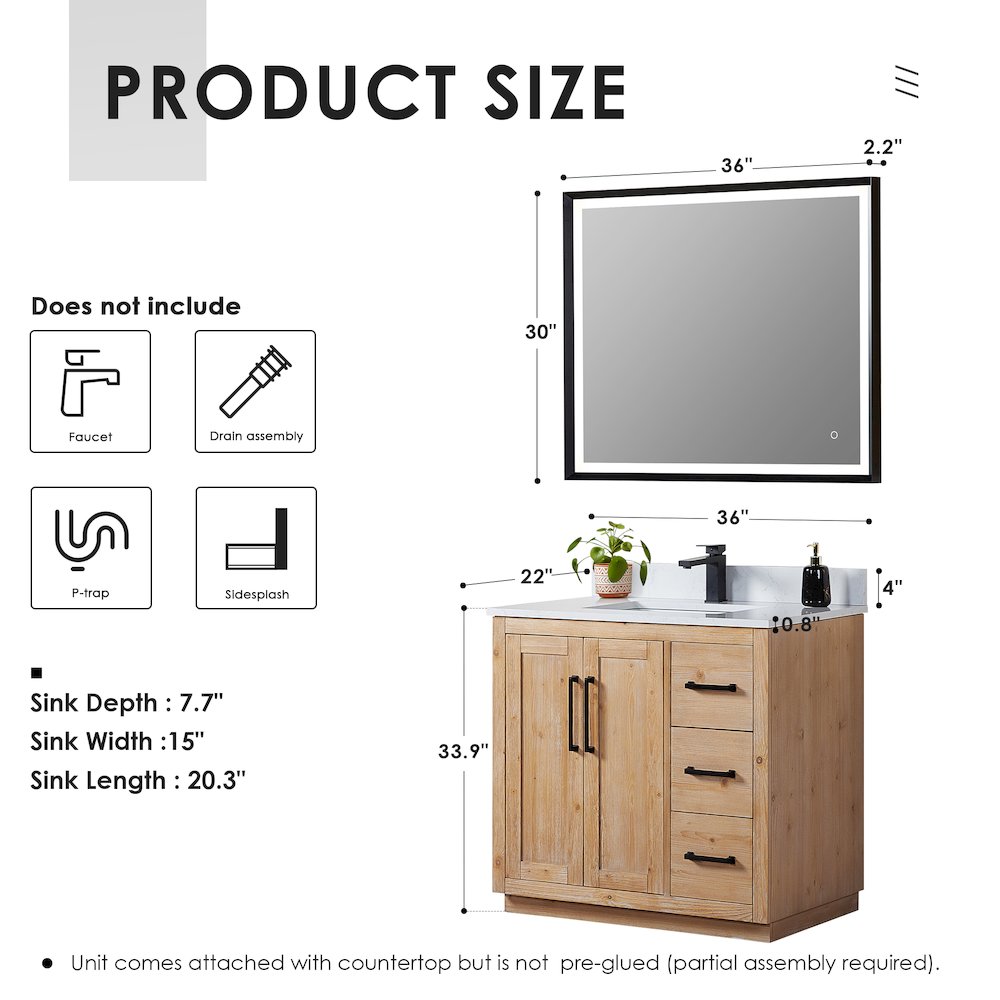 36" Single Bathroom Vanity with Grain White Countertop with Mirror. Picture 12