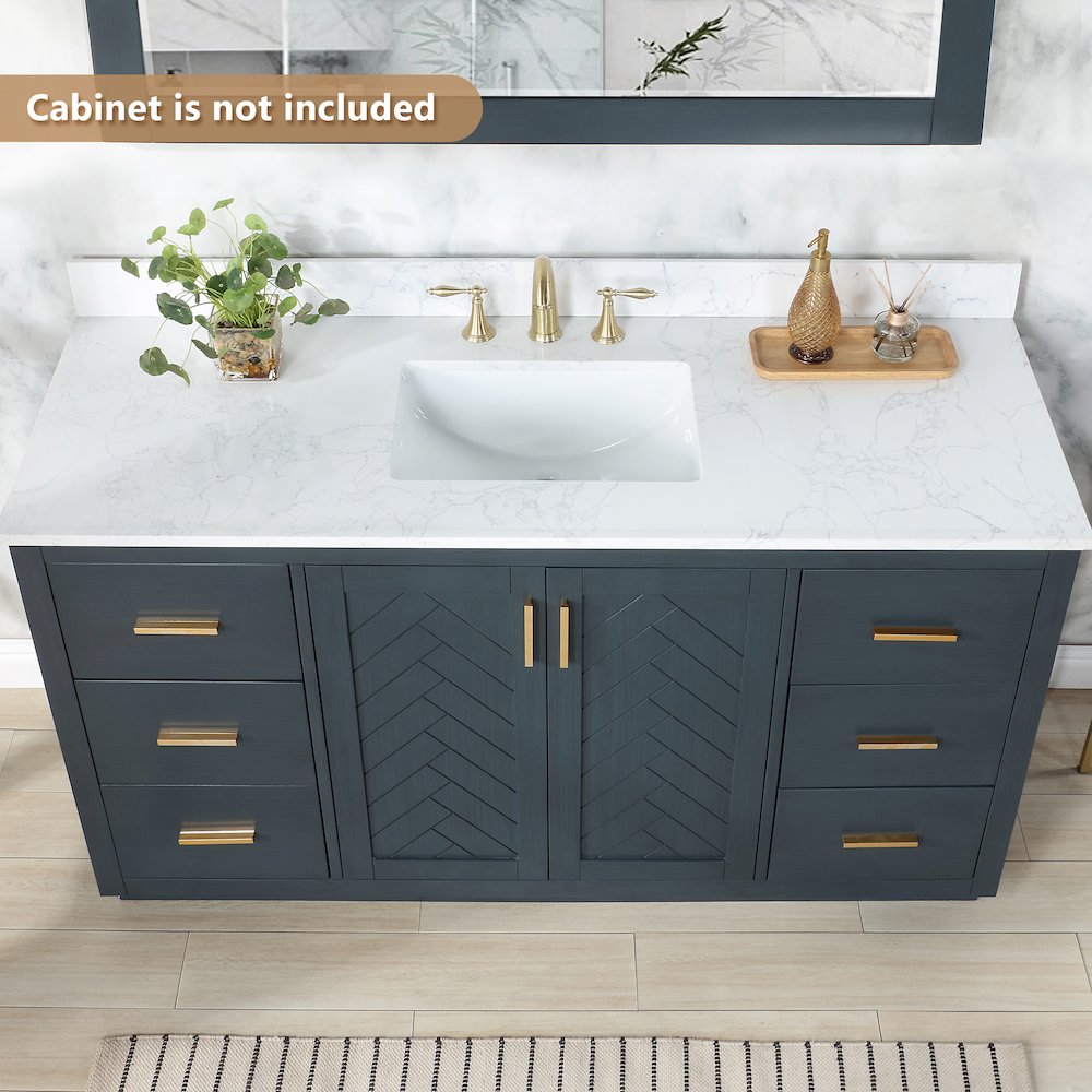 Ceres 61. in Engineered Stone Vanity Top in Grain White with Single White Sink. Picture 4