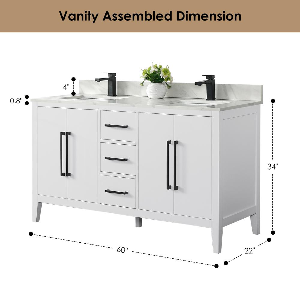 Double Bathroom Vanity in White with Stone Countertop without Mirror. Picture 11
