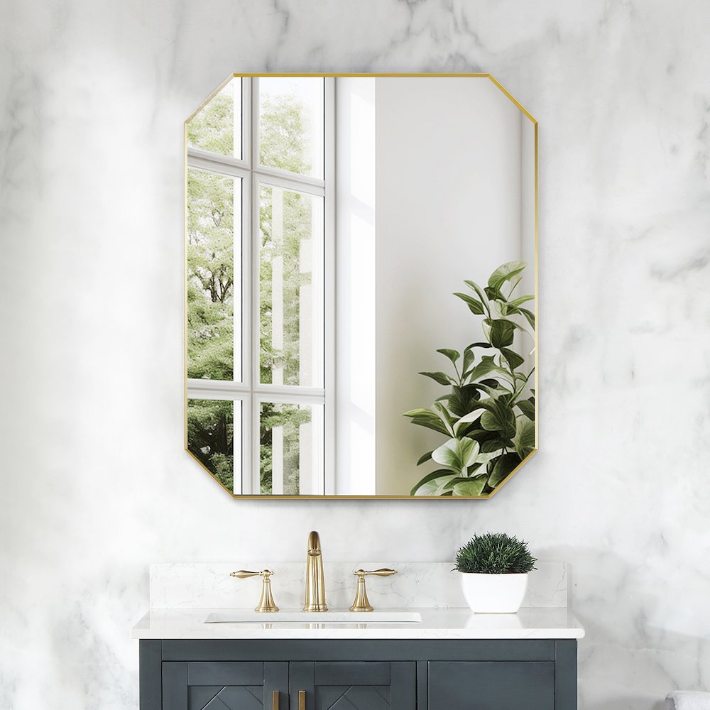 36"x30" Octagon Aluminum Framed in Brushed Gold Modern Bathroom Wall Mirror. Picture 4