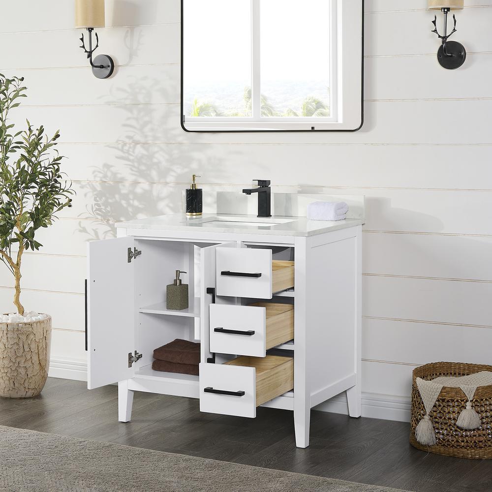 Single Bathroom Vanity in White with Stone Countertop without Mirror. Picture 4