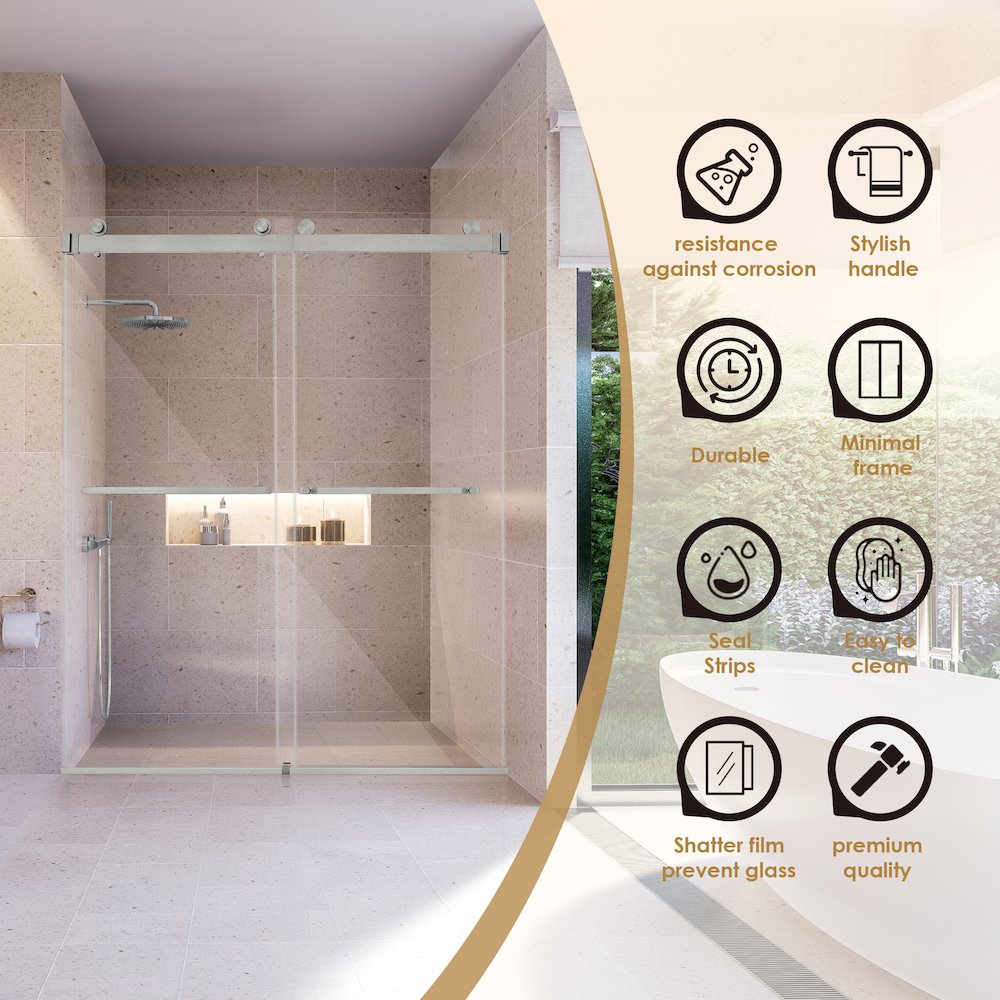 Frameless Exposed Roller Shower Door in Brushed Nickel with Clear Glass. Picture 7