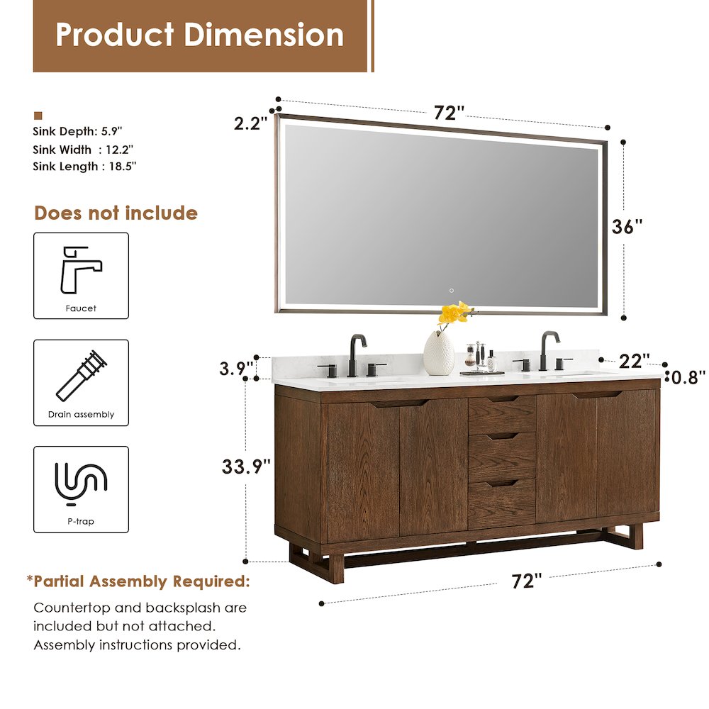 72" Double Bathroom Vanity in Brown Brushed Oak with Grain White. Picture 12
