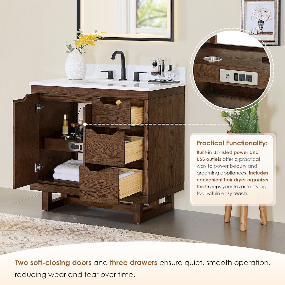 36" Single Bathroom Vanity in Brown Brushed Oak with Grain White. Picture 8