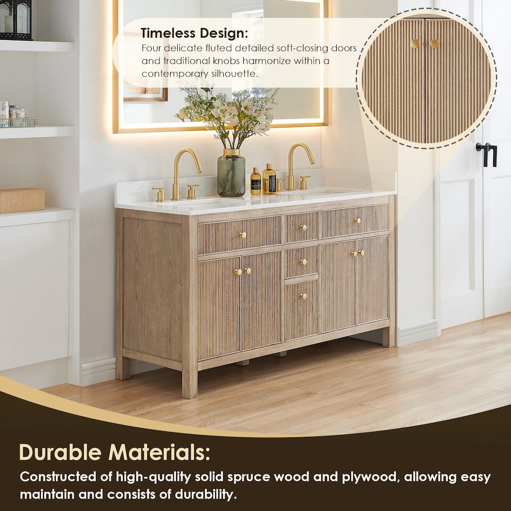 Double Bathroom Vanity in Nature Oak Grain White Engineered Stone Countertop. Picture 6