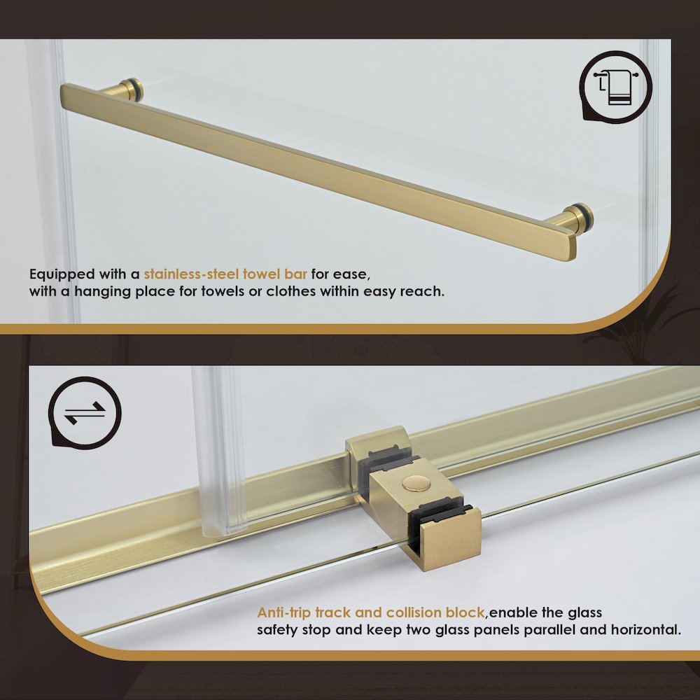 Frameless Exposed Roller Shower Door in Brushed Gold with Clear Glass. Picture 10