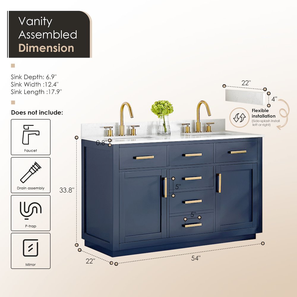 54" Double Bathroom Vanity in Royal Blue with Grain White. Picture 10