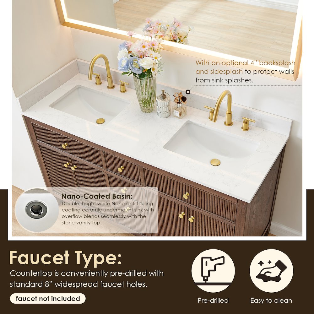 Double Bathroom Vanity in Brown Oak Grain White Engineered Stone Countertop. Picture 6