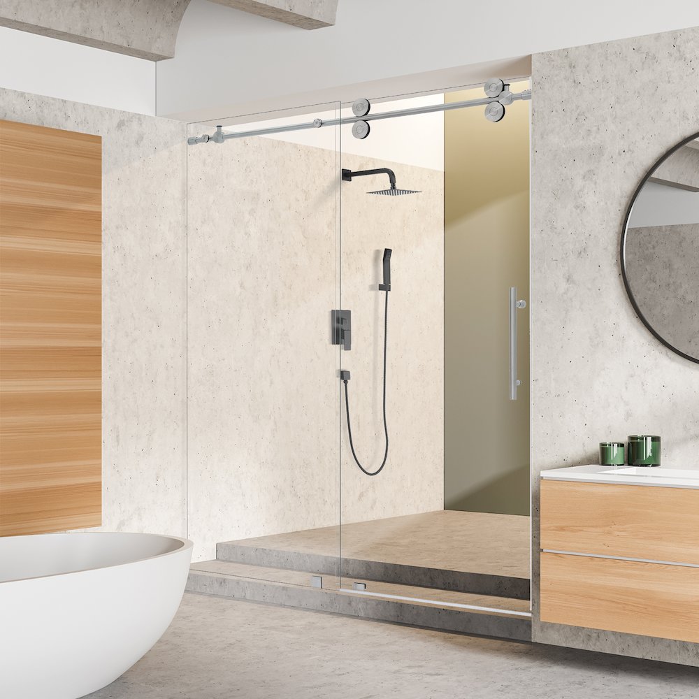 Single Sliding Frameless Shower Door in Brushed Nickel with Clear Glass. Picture 4