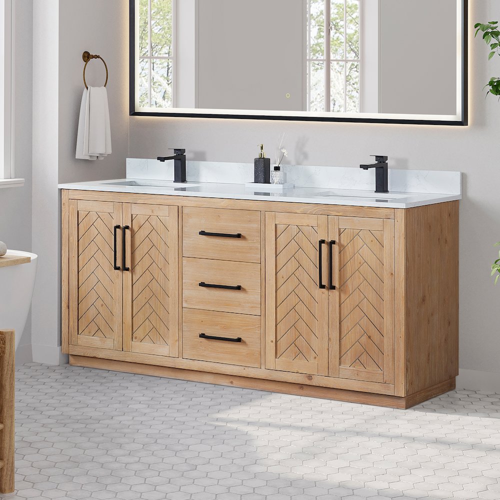 72" Double Bathroom Vanity with Grain White Countertop without Mirror. Picture 3