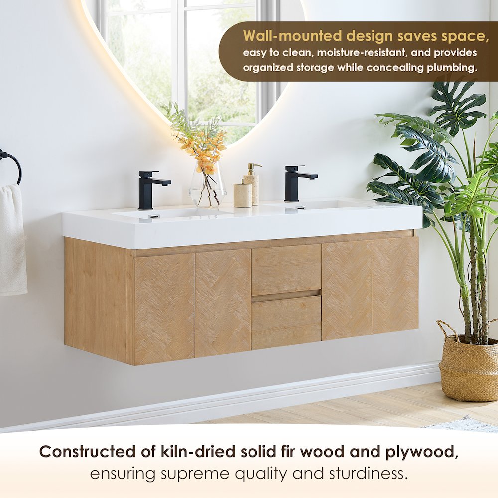 Double Bathroom Vanity in Light Brown White Artificial Drop-in Sink. Picture 5
