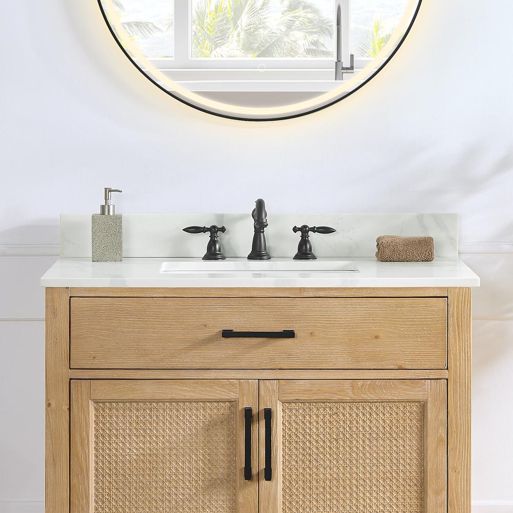 Arbios 36. in Quartz Stone Vanity Top in Calacatta White with White Sink. Picture 4