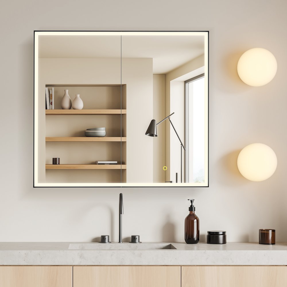 36"x32" Rectangular Bathroom Black Aluminum Mirror Medicine Cabinet. Picture 3