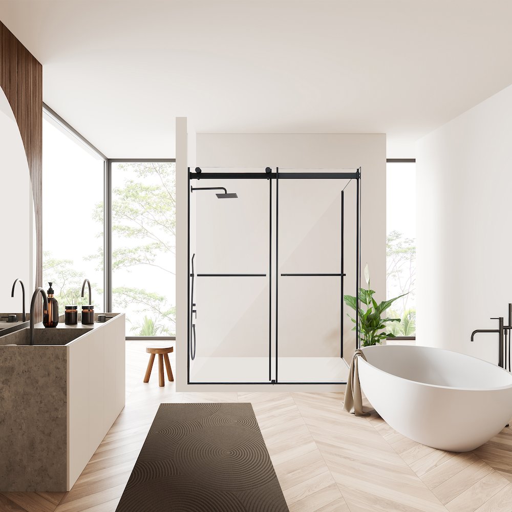 Frameless Exposed Roller Shower Enclosure in Matte Black with Clear Glass. Picture 6