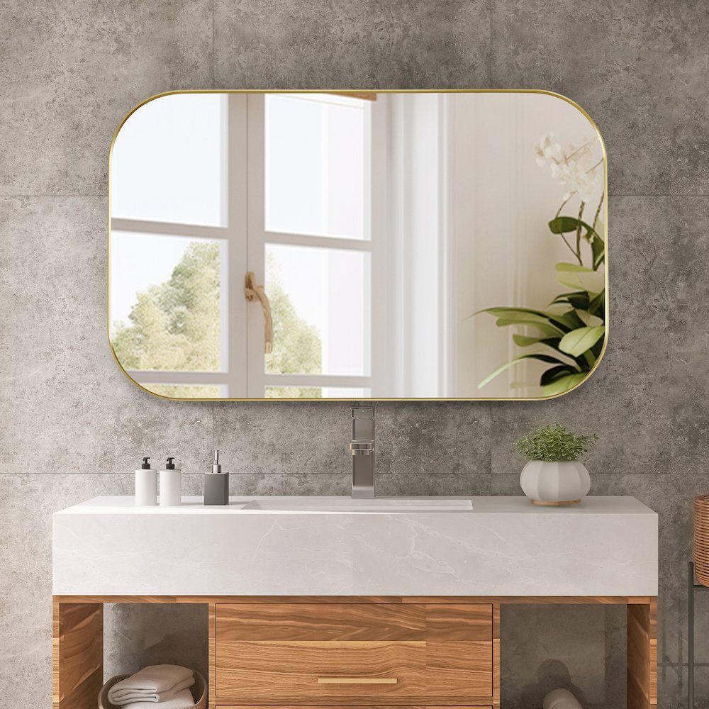48x30" Rectangular Aluminum Framed in Brushed Gold Modern Bathroom Wall Mirror. Picture 4