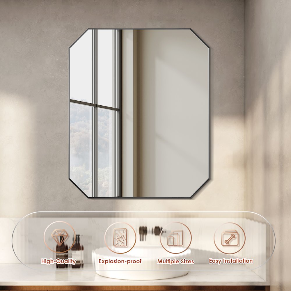 36"x30" Octagon Aluminum Framed in Matte Black Modern Bathroom Wall Mirror. Picture 4