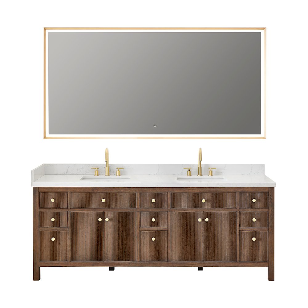 Double Bathroom Vanity in Brown Oak Grain White Engineered Stone Countertop. Picture 1