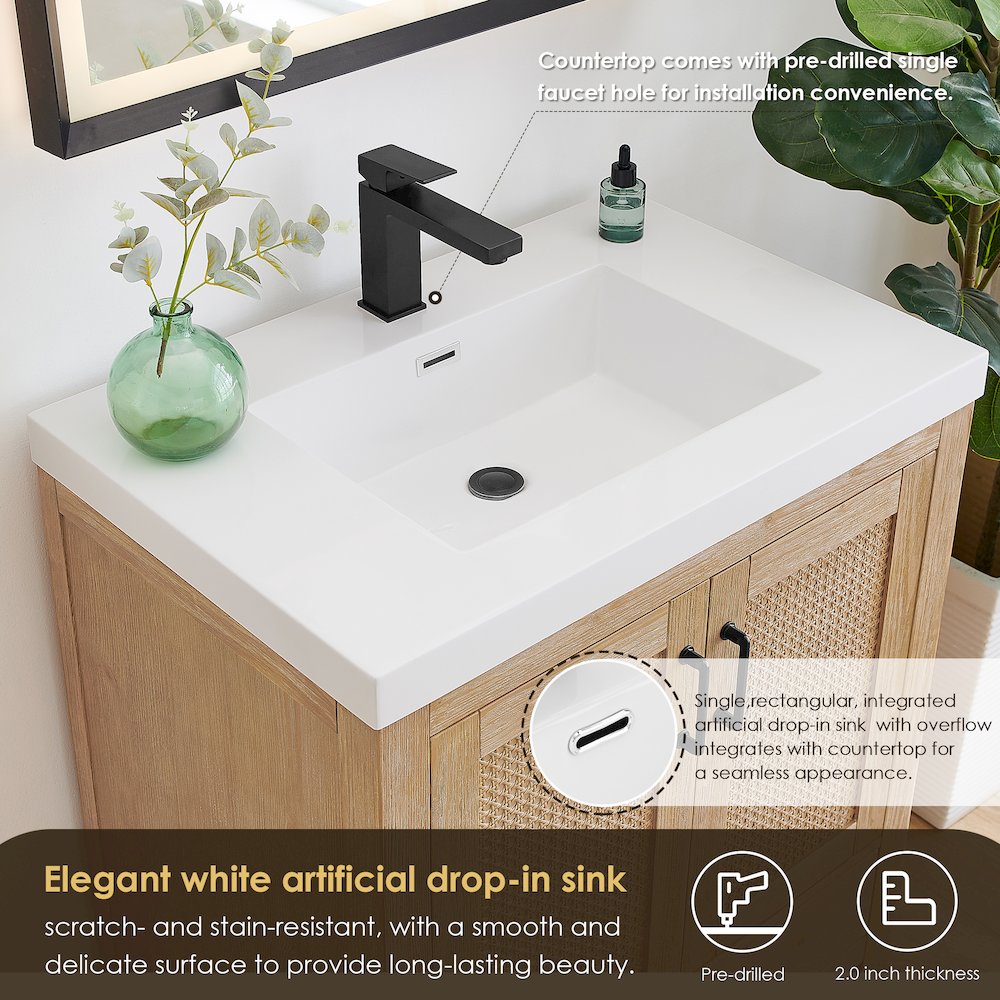 Single Bathroom Vanity in Light Brown White Artificial Drop-in Sink. Picture 7