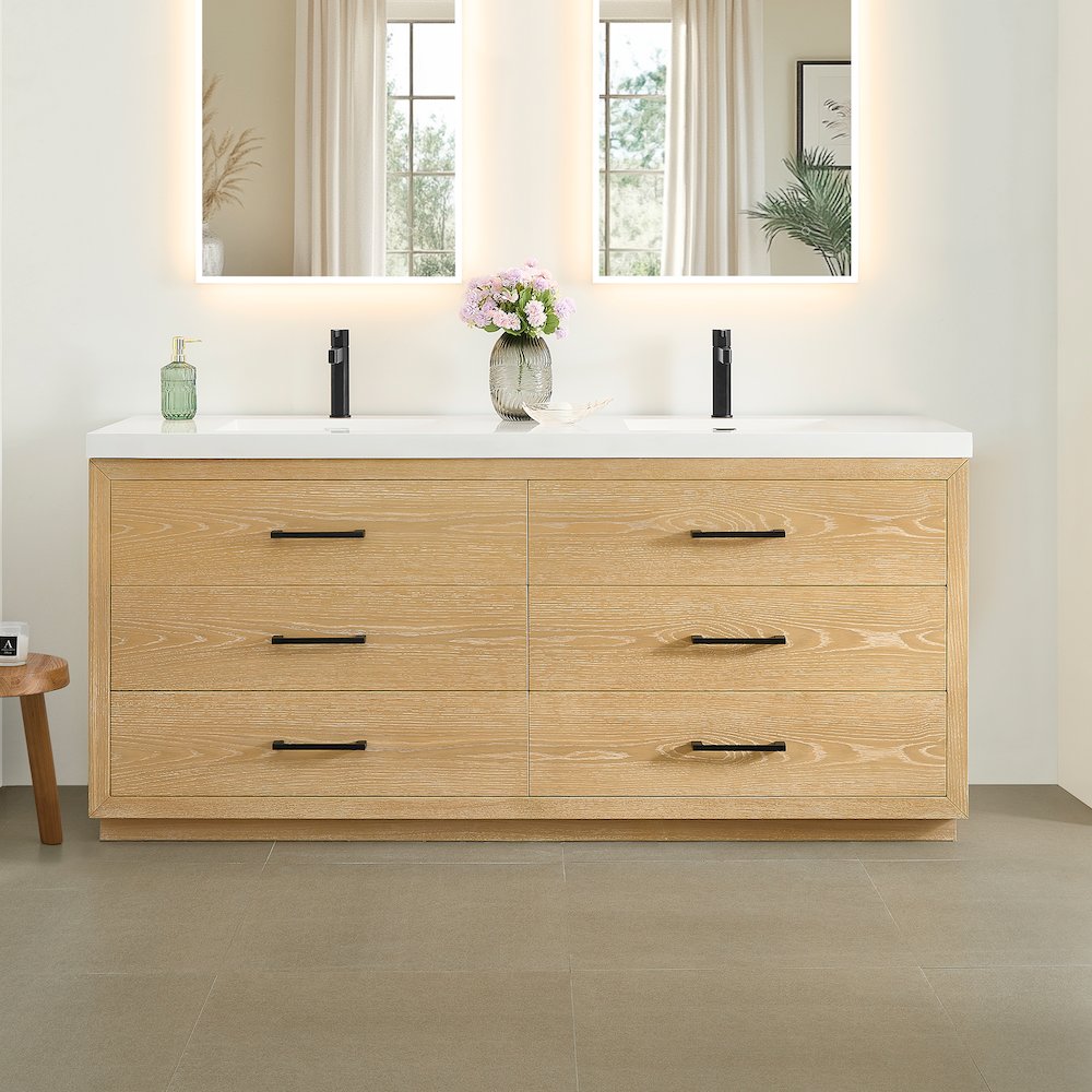 72" Double Bathroom Vanity in White Oak with White Artificial Drop-in Sink. Picture 2