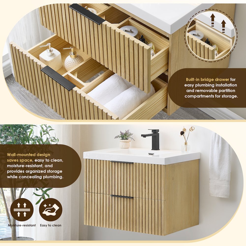 Single Bathroom Vanity in Nature Brown White Artificial Drop-in Sink. Picture 9