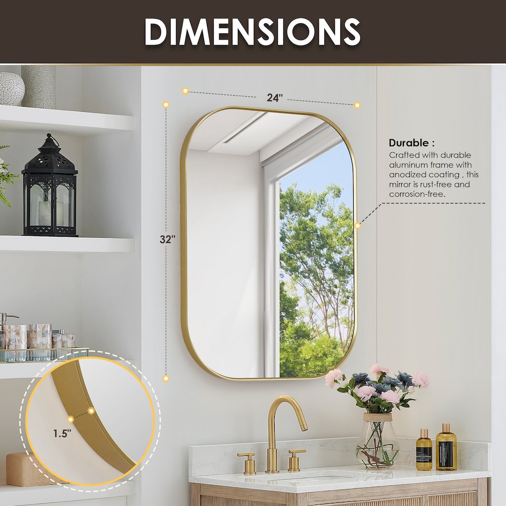 24x32" Rectangular Aluminum Framed in Brushed Gold Modern Bathroom Wall Mirror. Picture 12