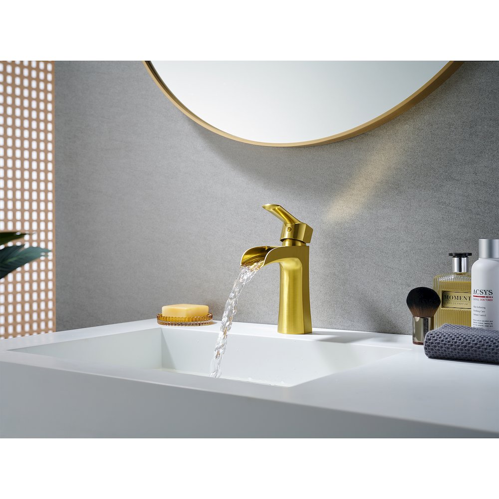 Single Hole Single-Handle Waterfall Bathroom Faucet in Brushed Gold. Picture 14