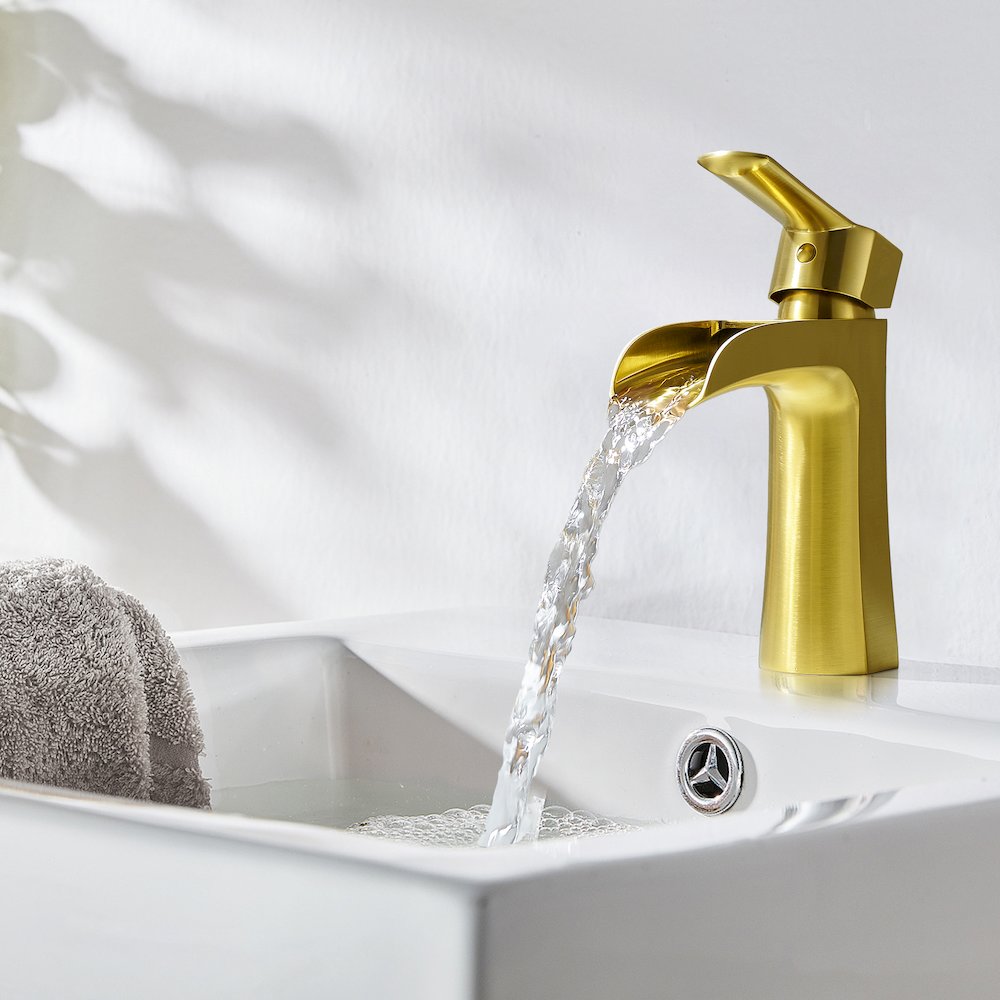Single Hole Single-Handle Waterfall Bathroom Faucet in Brushed Gold. Picture 6