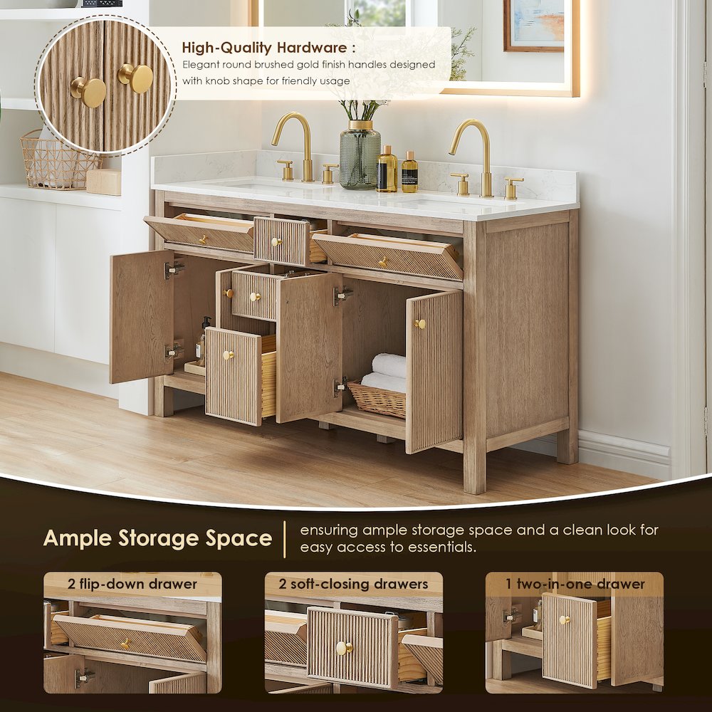 Double Bathroom Vanity in Nature Oak Grain White Engineered Stone Countertop. Picture 9