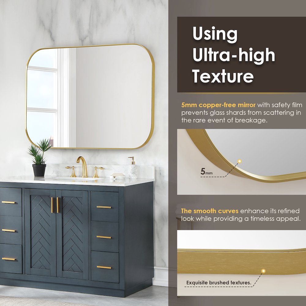 48x30" Rectangular Aluminum Framed in Brushed Gold Modern Bathroom Wall Mirror. Picture 9