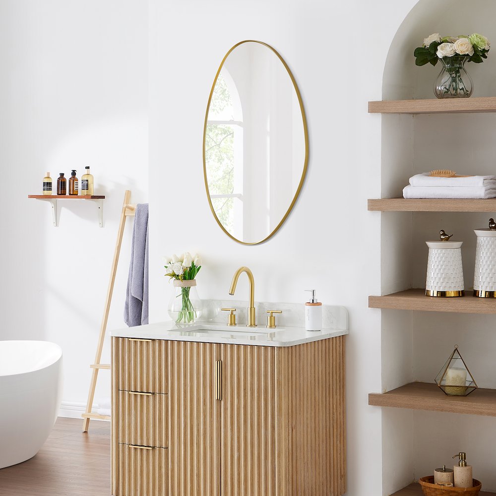 28"x36" Irregular Aluminum Framed in Brushed Gold Modern Bathroom Wall Mirror. Picture 16