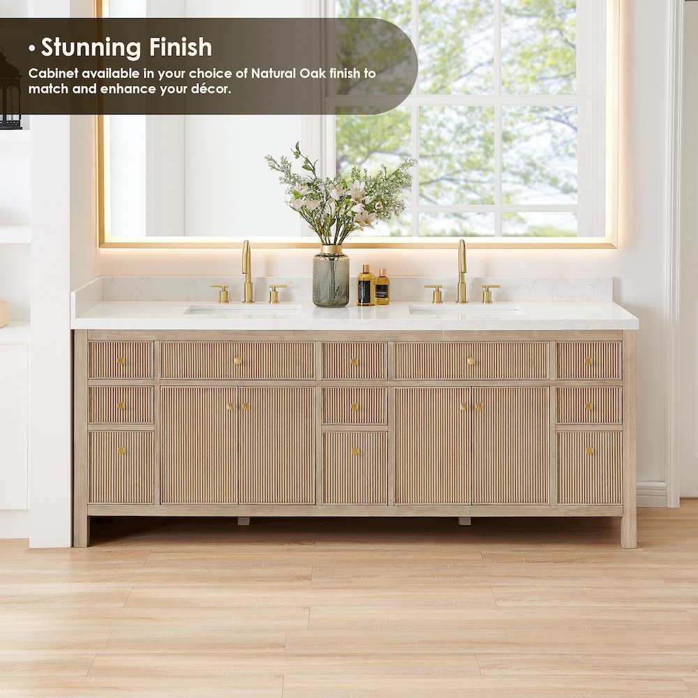 Double Bathroom Vanity in Nature Oak Grain White Engineered Stone Countertop. Picture 5
